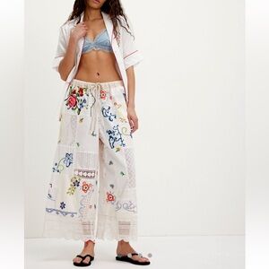 Free People Floral Embroidered Wide-Leg Pants